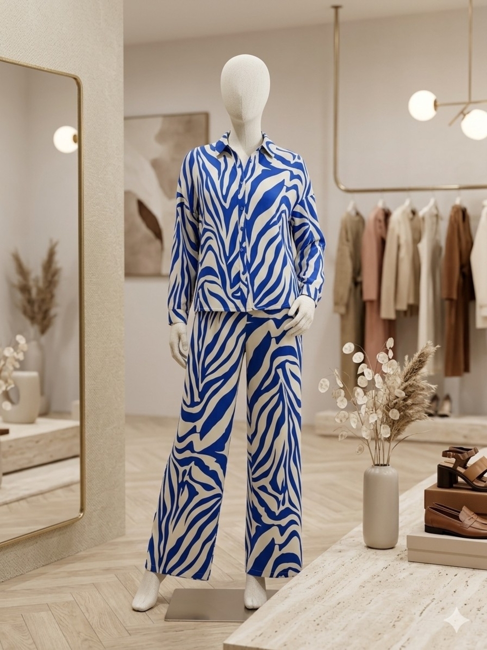 Blue & Cream Zebra Print Wide-Leg 2 Piece Set
